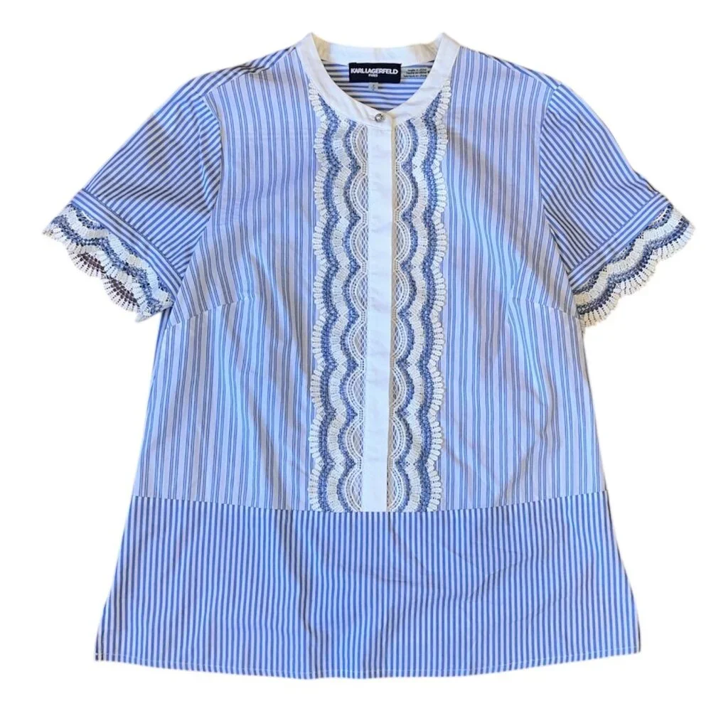 Karl Lagerfield blue & white scalloped blouse - Picture 1 of 6